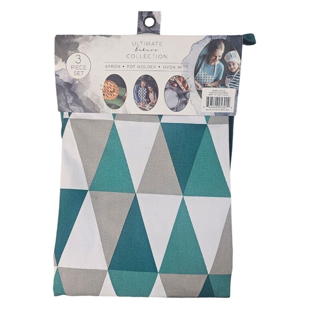 Eco One Ultimate Bakers Collection Apron Pot Holder Oven Mitt Green Diamond Prin - Picture 2 of 5